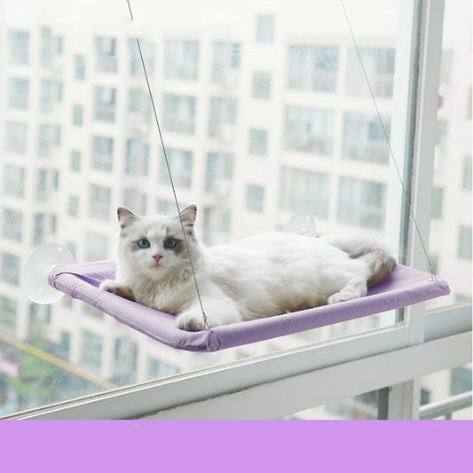Hangende Kattenhangmat – Zuignap voor Raam met kat liggend op een paarse hangmat.